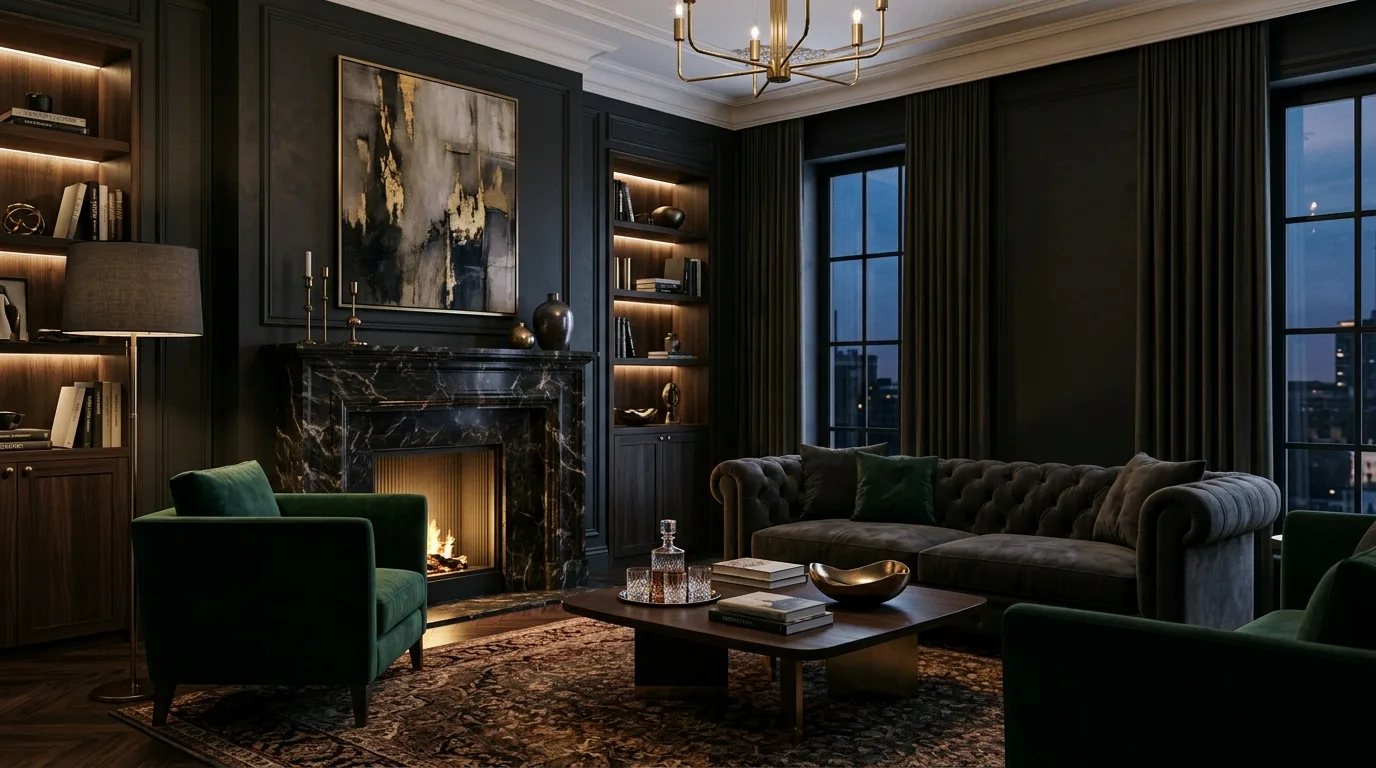 Let metal finishes catch light in smaller dramatic moments inspiration for a moody living room.